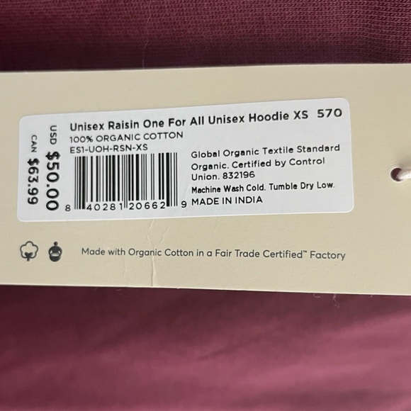 Pact Raisin All for One Unisex Hoodie NWT Size XS - Picture 2 of 4